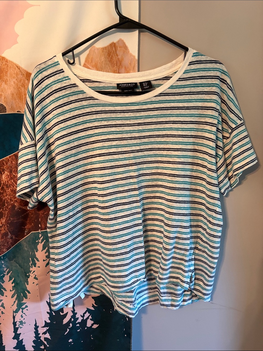 Jones New York White Tee with Blue and Teal Stripes